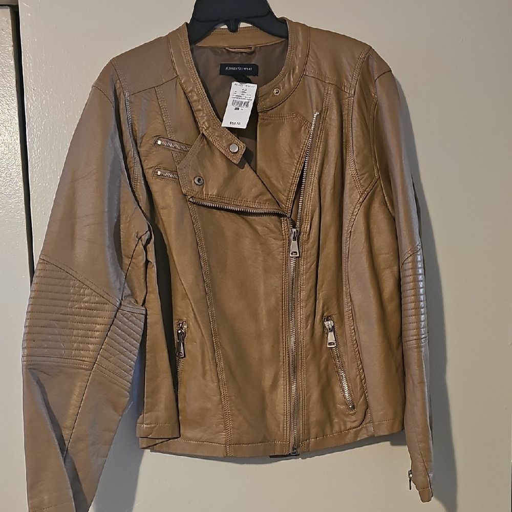 Ashley Stewart Tan Leather Jacket Asymmetrical Zipper Quilted Sleeves